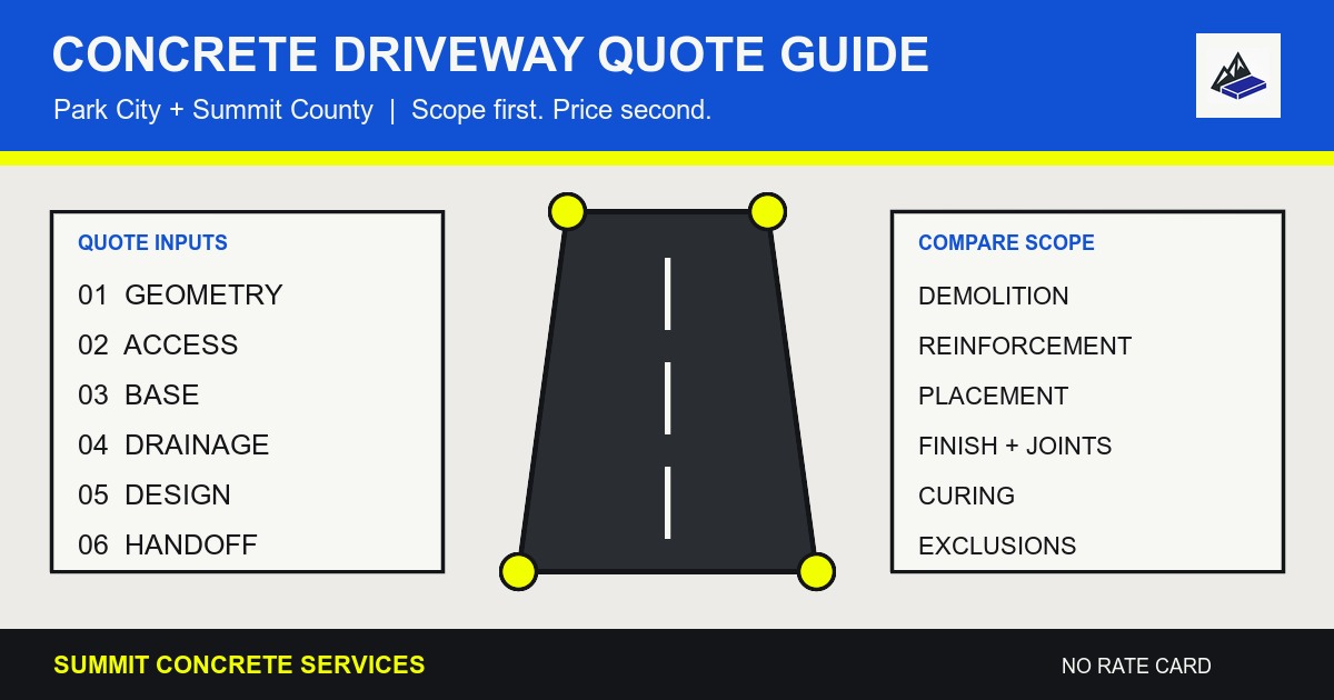 Graphic showing the scope checkpoints used to compare Park City concrete driveway quotes